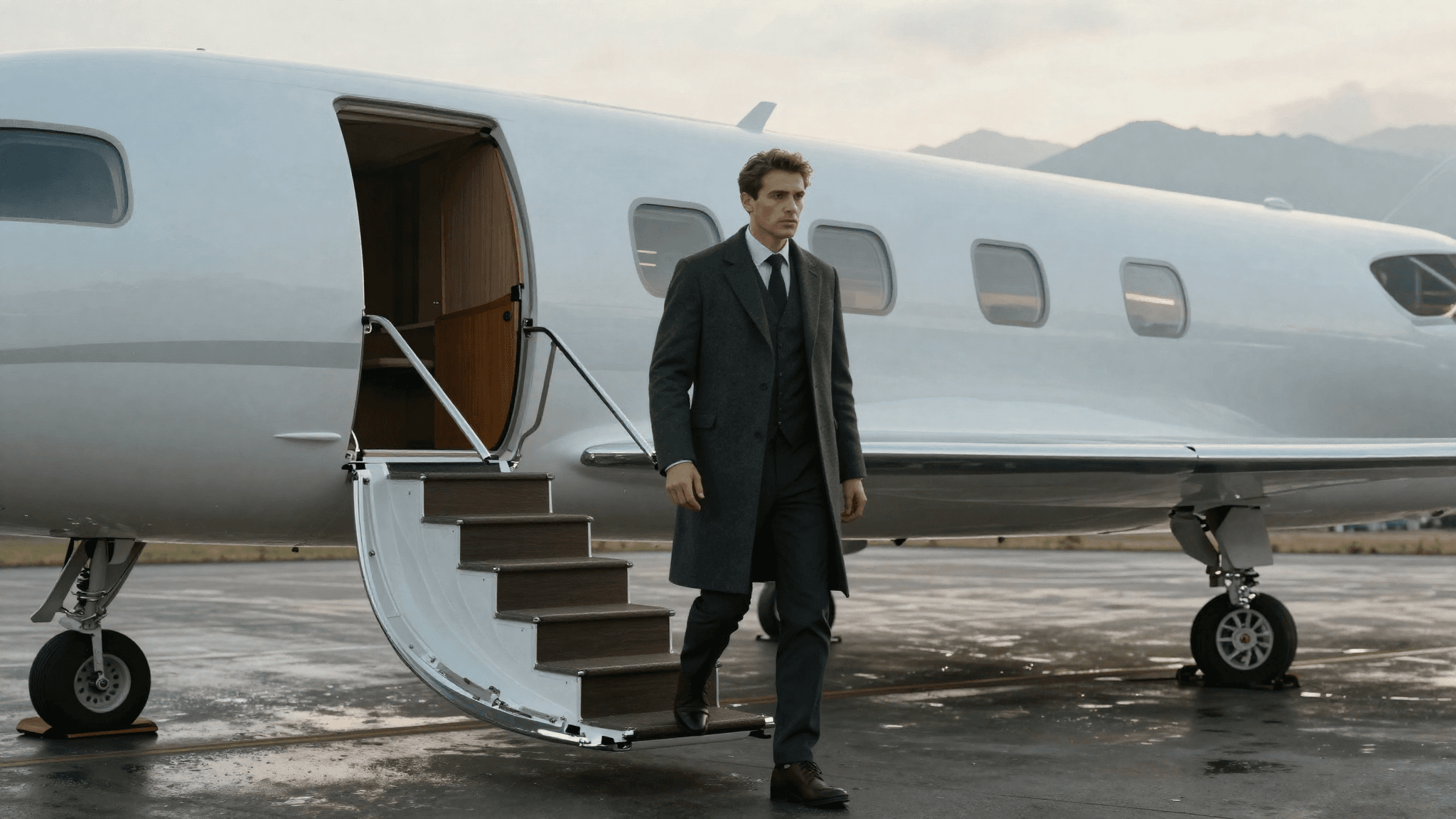 A well-dressed man walking down the airstairs of a private jet at dawn