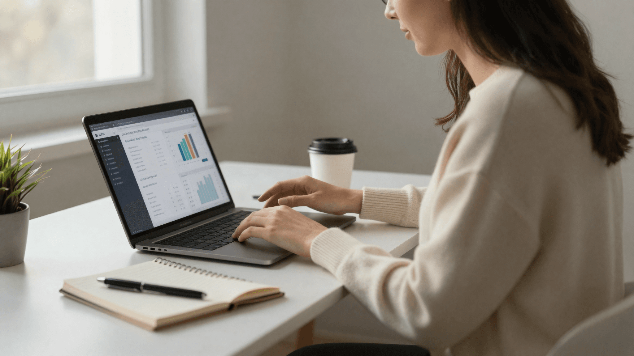 A woman at a minimalist desk reviewing a financial dashboard on a laptop