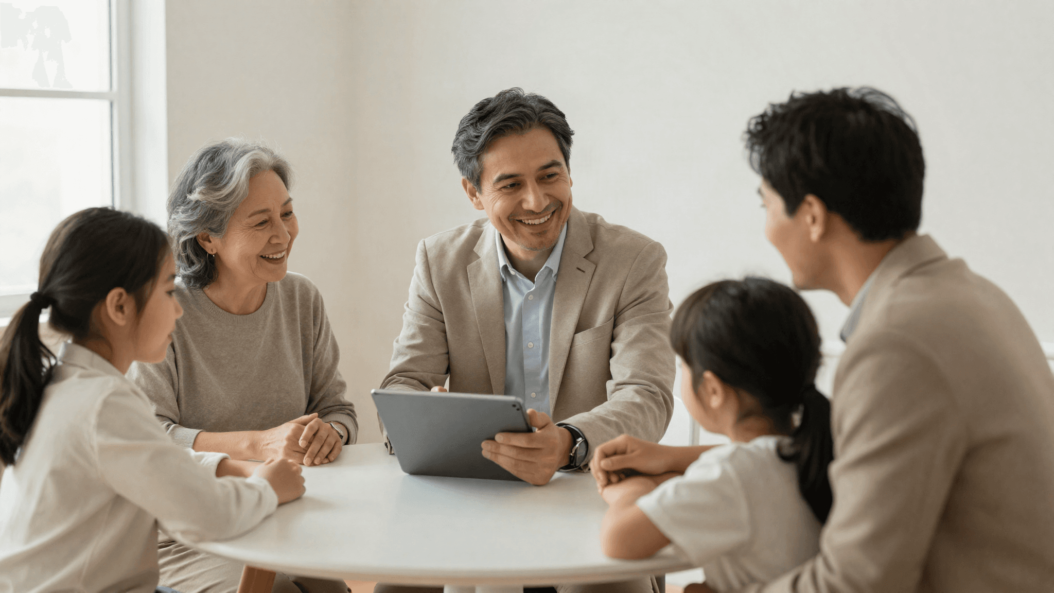 A multi-generational family meeting with a private banker at a bright table