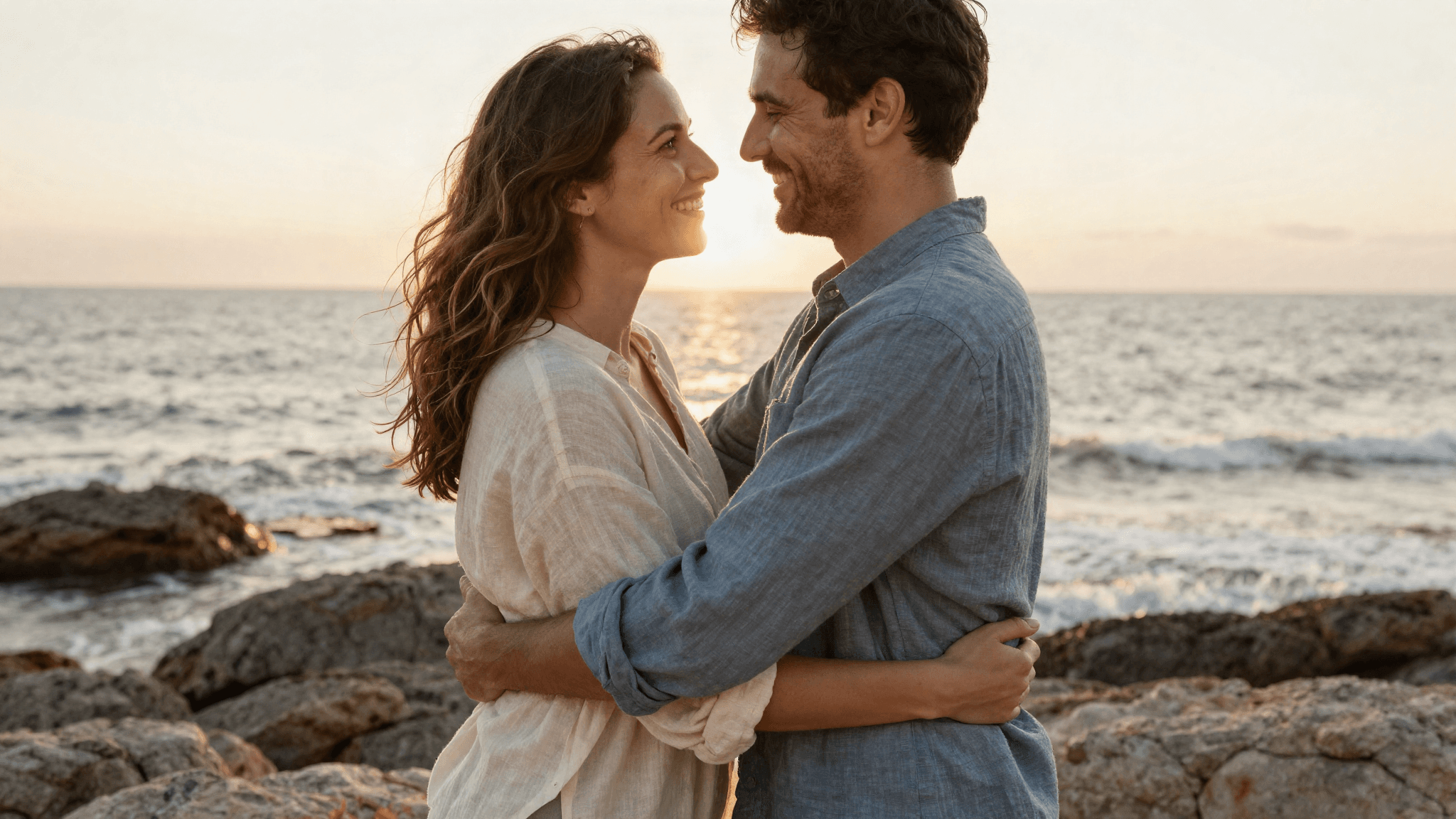 A couple on a rocky coastline at golden hour, embracing warmly