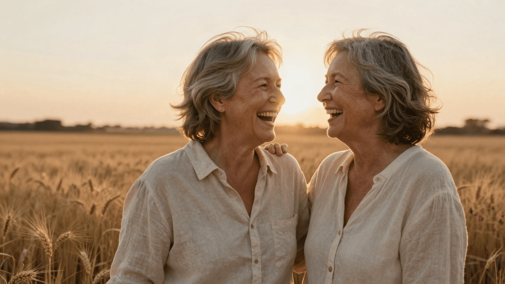 A joyful mature couple in a golden wheatfield at sunset