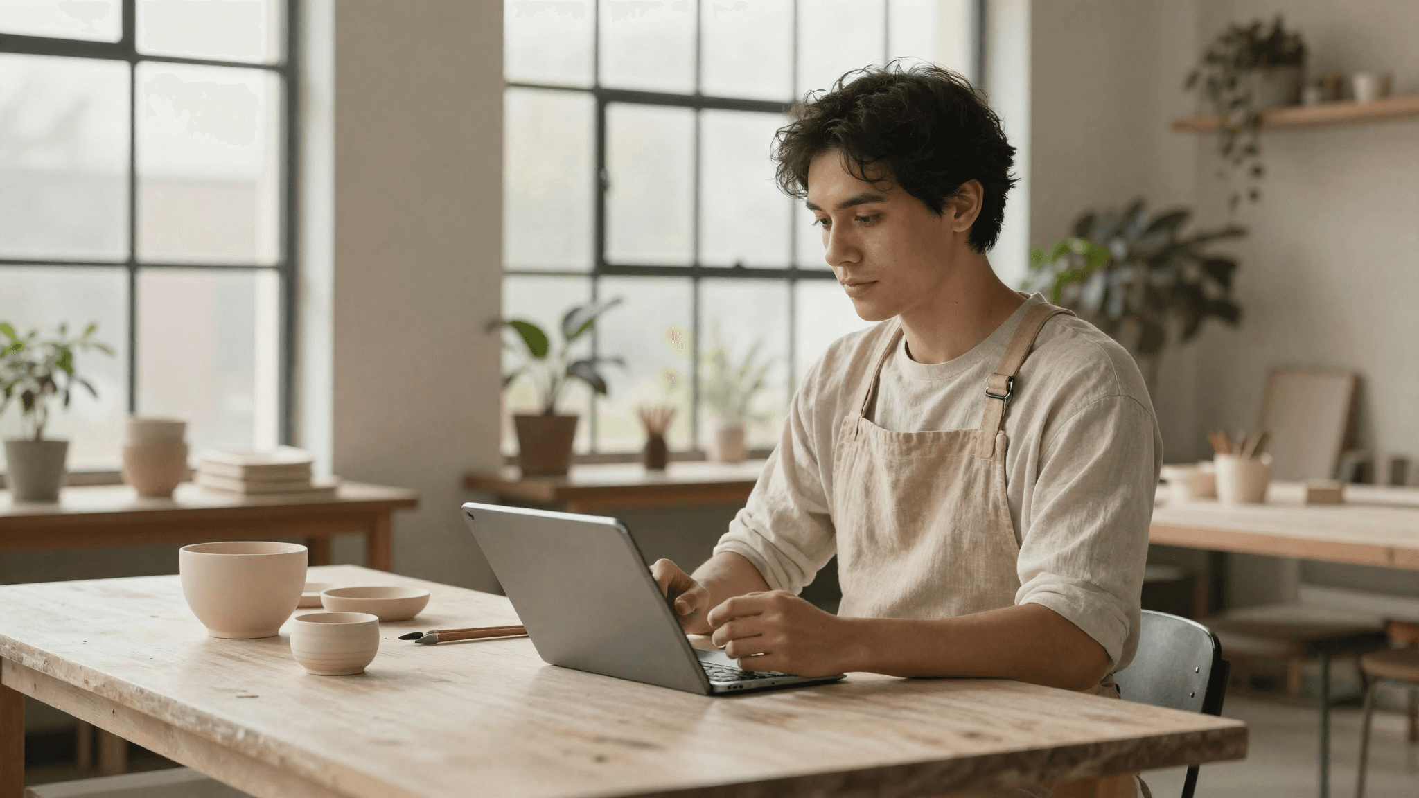 A small business owner working in a workshop with a tablet